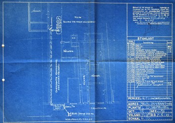 <p>Plattegrond van de begane grond van Meipoortstraat 39-41 uit 1937. De plattegrond toont aan de achterzijde een toilet uit de late 19e eeuw en een kort voor 1912 aangebouwde serre. In de doorgang was inmiddels een kantoor afgescheiden. In 1937 plaatste Shell voor de garage een benzinepomp. Deze zou in 1950 en 1961 vernieuwd worden en uiteindelijk weer verdwijnen (Streekarchief De Liemers en Doesburg). </p>
